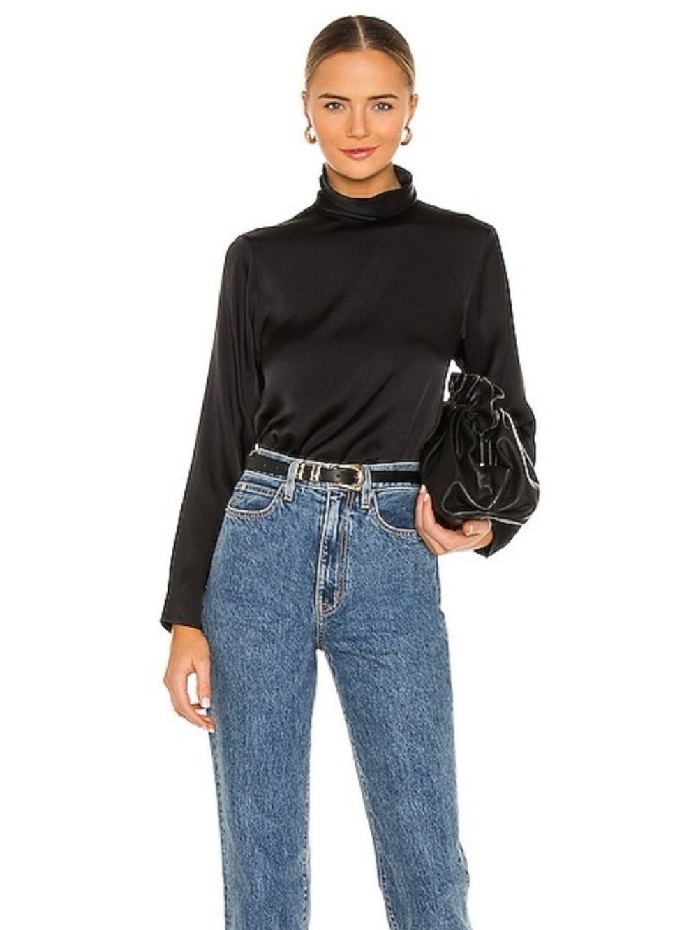 Anine Bing 100% Silk Cleo Mock Neck Blouse Top in Black size small